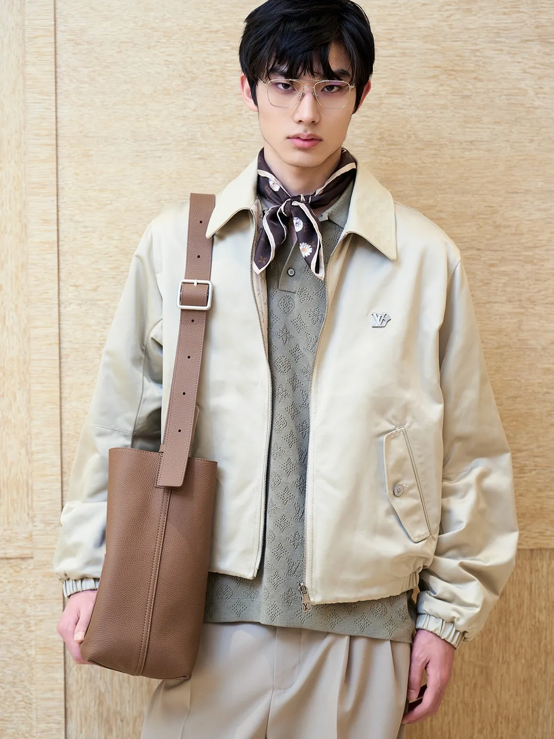 Louis Vuitton/Louis Vuitton checkerboard leather collar double-sided belted jacket